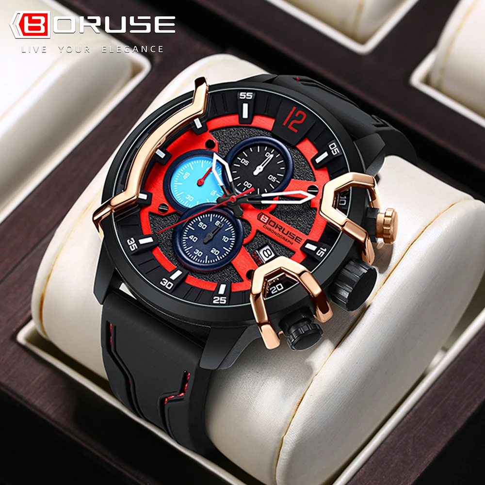 BORUSE Fashion Men Sports Watches Luxury Male Military Silicone Quartz Wrist Business Chronograph Calendar Waterproof Mens Watch