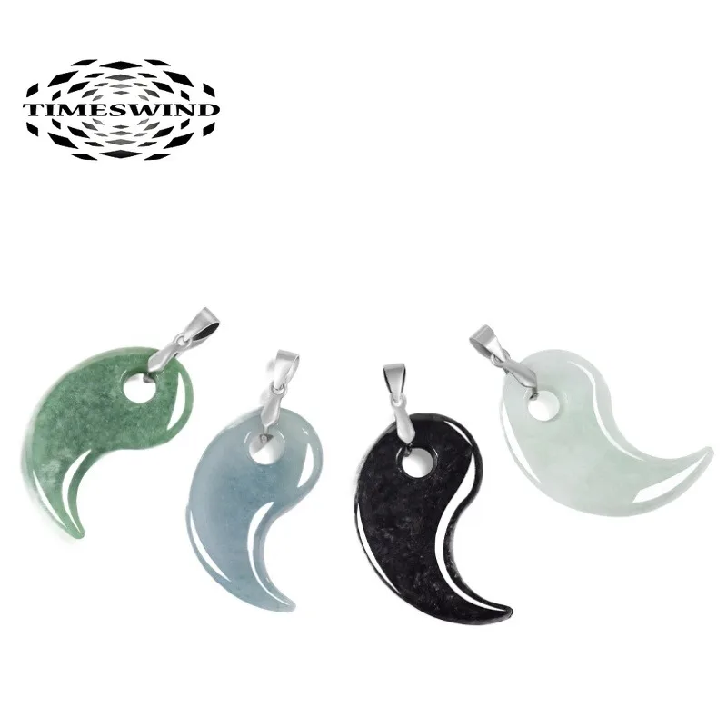 

TIMESWIND Natural A-type Jade Green Crescent Hook Pendant Men Titanium Steel Necklace with Certificate