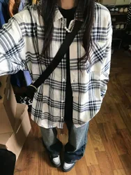 Deeptown Vintage Long Sleeve Plaid Shirts Y2k Woman Korean Style Oversize Blouses Japanese Harajuku Fashion Check Outerwears