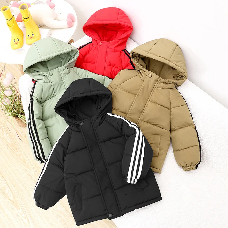 Boys\' New Winter Kids Down Jacket Hooded Solid Mid-Length Warm Coat Cold Protection Hooded Cotton Windbreaker Outerwear 3-10Y