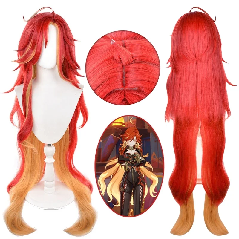 Pyro Archon Mavuika Cosplay Wig 100cm Long Curly Wave Red Yellow Mixed Wig Cosplay Anime Heat Resistant Synthetic Hair