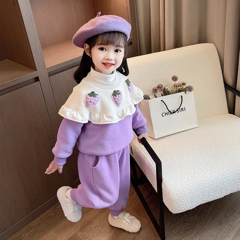 Children Winter Clothing Sets Baby Girls Strawberry Thickened Sweater Pants Kids Clothes Outfits Infant Tracksuits Sportswear