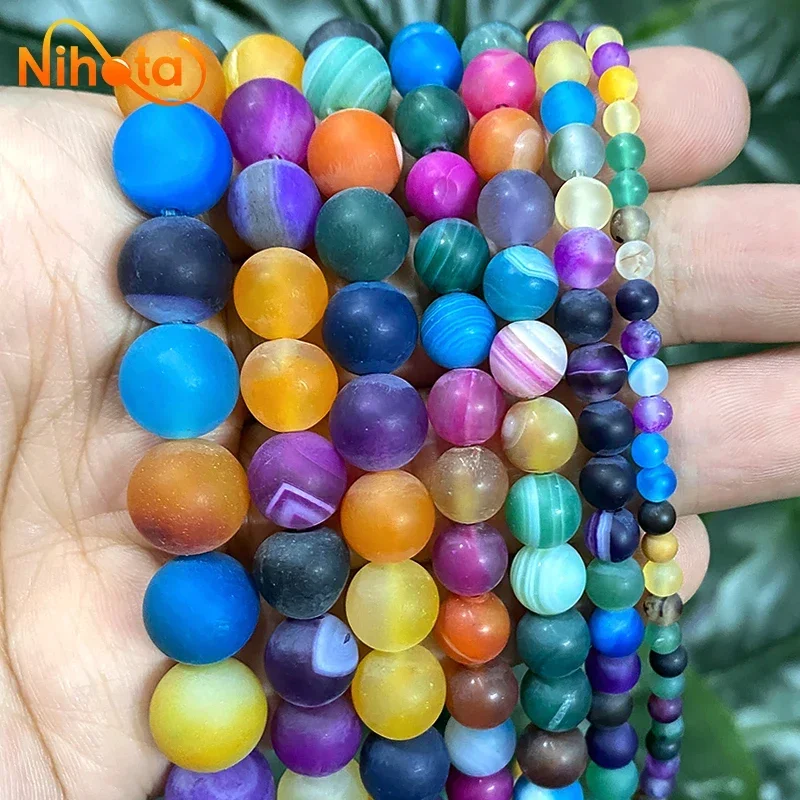 Natural Stone Matte Mixed Color Stripe Agates Round Beads for Jewelry Making DIY Charms Bracelet Ear Studs 15