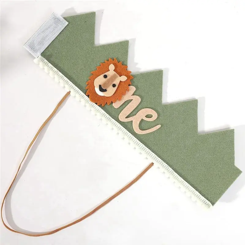 AED2-1 Year Old Kids Avocado Green Lion Birthday Crown First Baby Party White Non Woven Safari