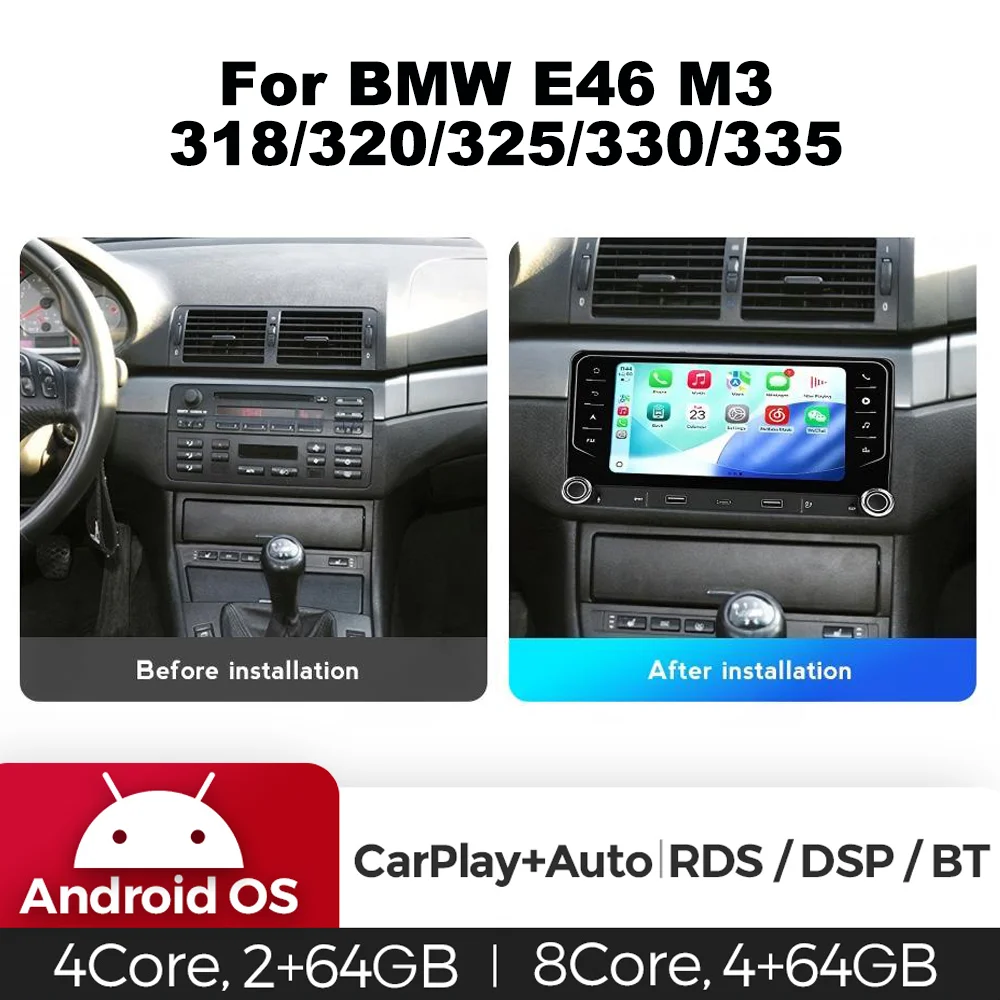 MEKEDE EU Warehouse Autoradio 7 pouces pour BMW E46 M3 318/320/325/330/335 2 Din Carplay GPS Navigation Lecteur multimédia central Système audio intelligent pour voiture BT 4G LTE WIFI FM RDS Commande au volant Écran tactile Stéréo de voiture Prise en charge de la caméra de recul