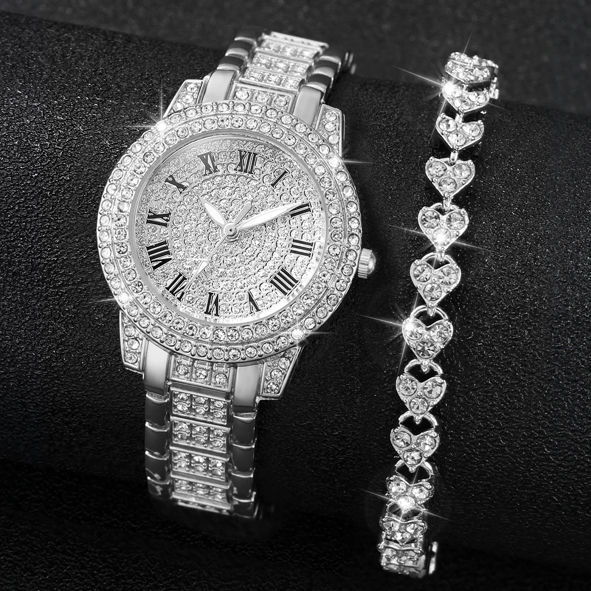 2PCS/Set Women\'s Watch Fashion Full Diamond Roman Dial Steel Band Quartz Watch Rhinestone Heart Bracelet Set(Without Box)