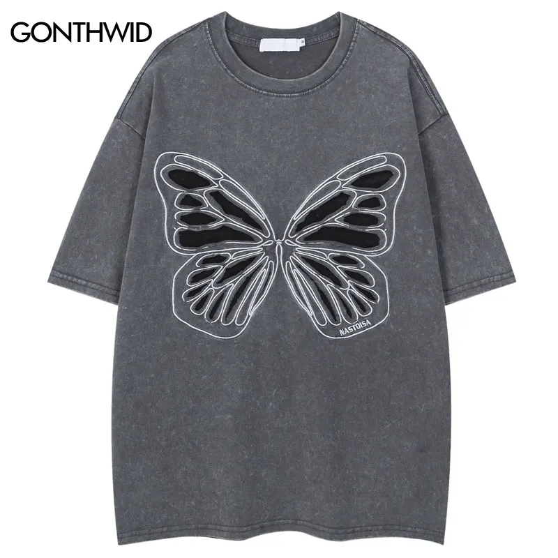 Vintage Oversized T-Shirts Y2K Embroidered Butterfly Patch Washed Tshirt Streetwear Hip Hop Harajuku Baggy Short Sleeve Tops Tee