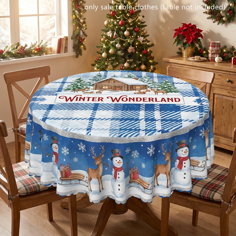 Winter Wonderland Yeti Cabin Deer Seed Polyester Printed Tablecloth, Round Table Cover