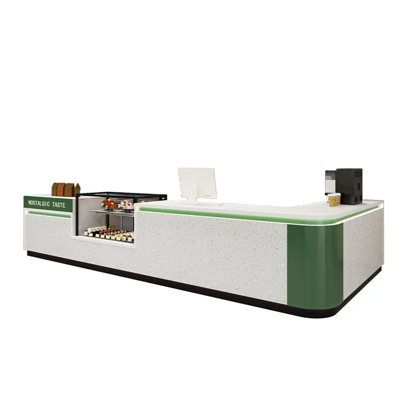 

Coffee milk tea shop bar display cabinet integrated dessert baking L-shaped front desk checkout page canteen fast food reception