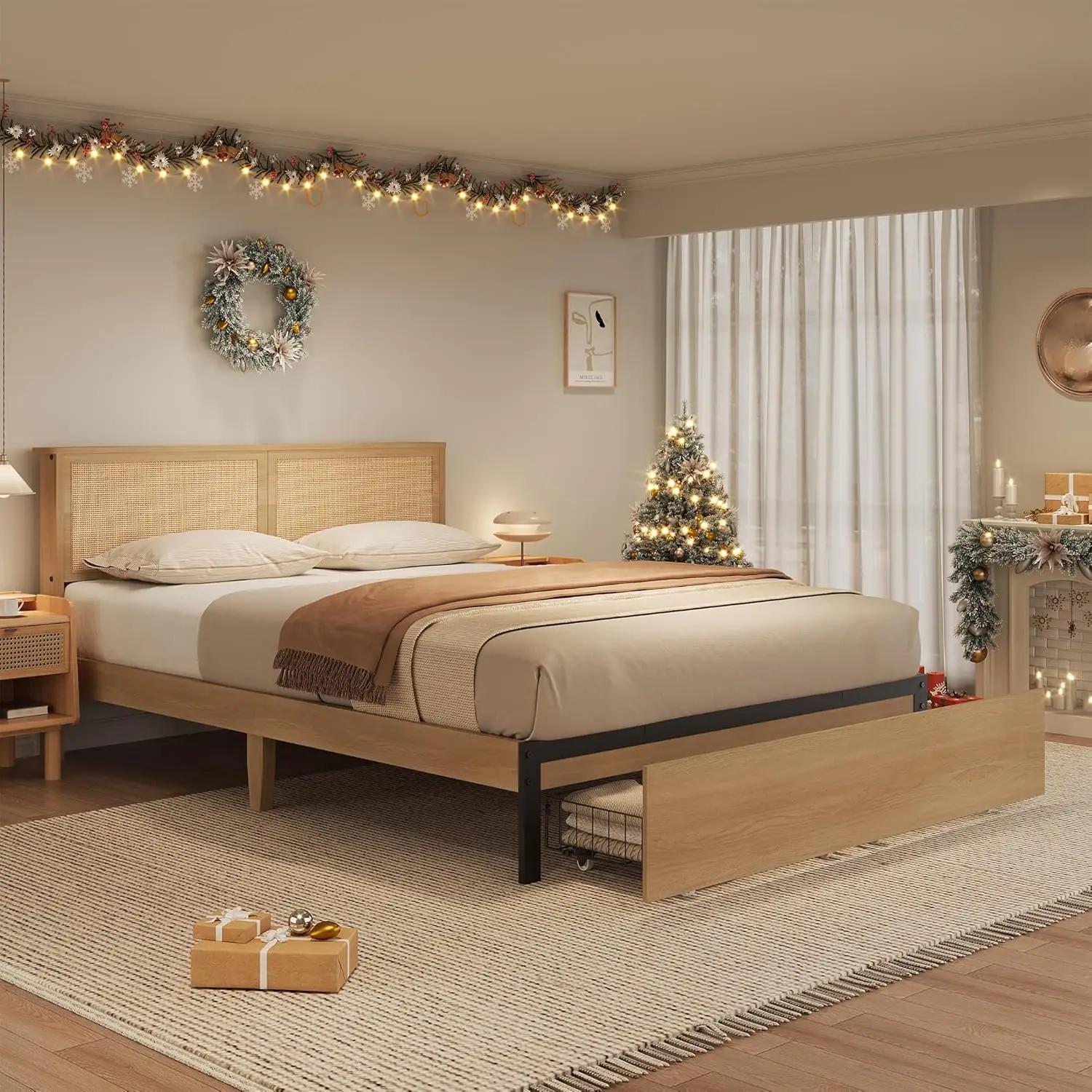 Rattan Bed Frame with Headboard, Boho Cane Platform Bed Frame with Drawer, Strong Metal Slats Support, Noise Free, No Box Spring Needed for Home Hotel Bedroom Furniture