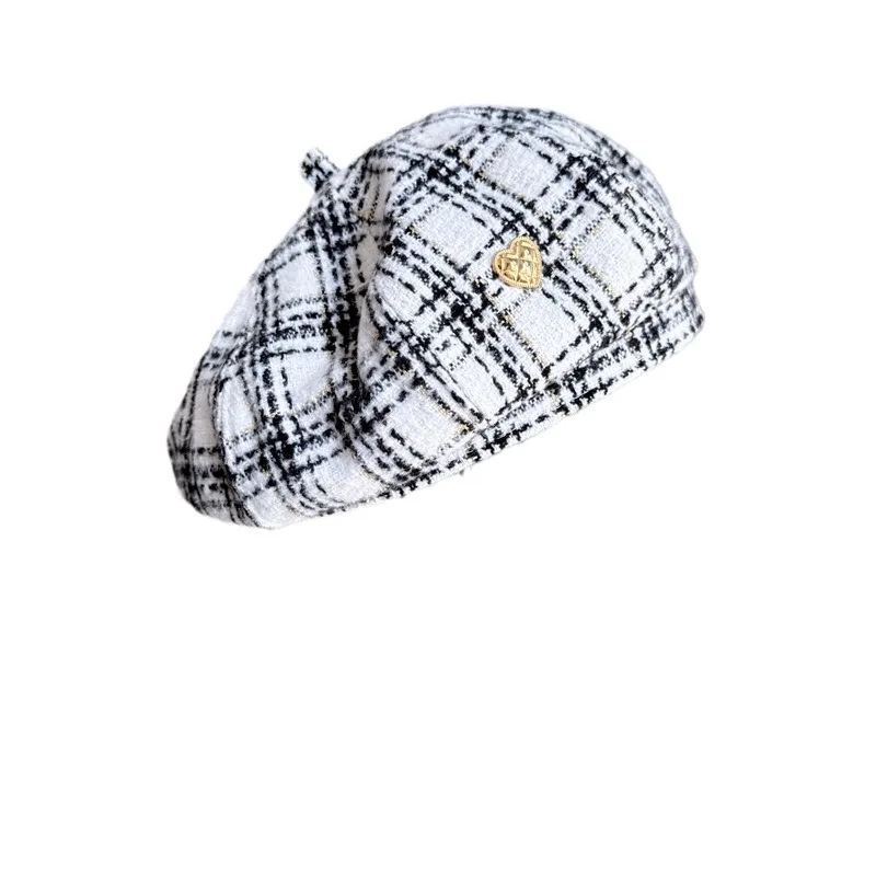 

White Black Checkered Spring Berets Women Warm England Style Plaid Octagonal Cap Elegant Winter Street Cute Painter Cap Gorras