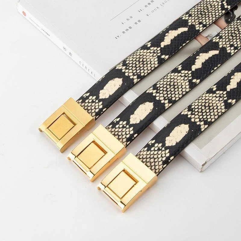 Women's Belt Genuine Leather Snake Print Belt for Women Fashion Waistband with Gold Square Buckle Stylish Office Chic Accessory