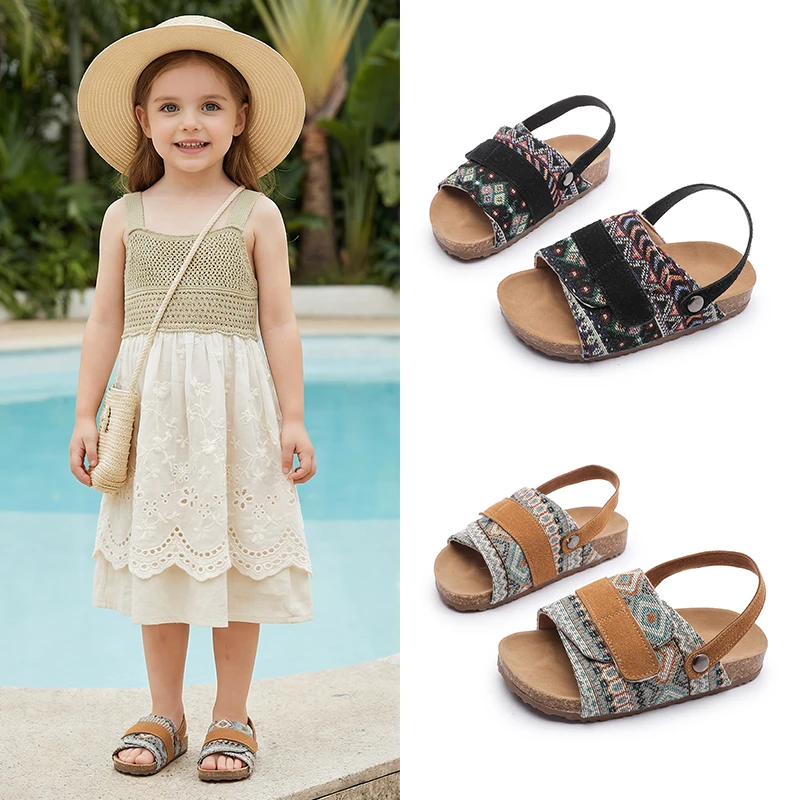 

Kids Bohemian Ethnic Pattern Cork Sandals Boys Girls Adjustable Strap Open Toe Sandals Non-slip Soft Sole Casual Summer Shoes