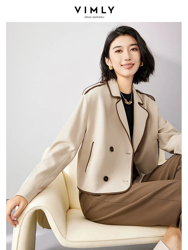 Vimly Contrast Notched Collar Cropped Jackets for Women 2023 Autumn Fashion Long Sleeve Double Breasted Loose Female Coats M2820