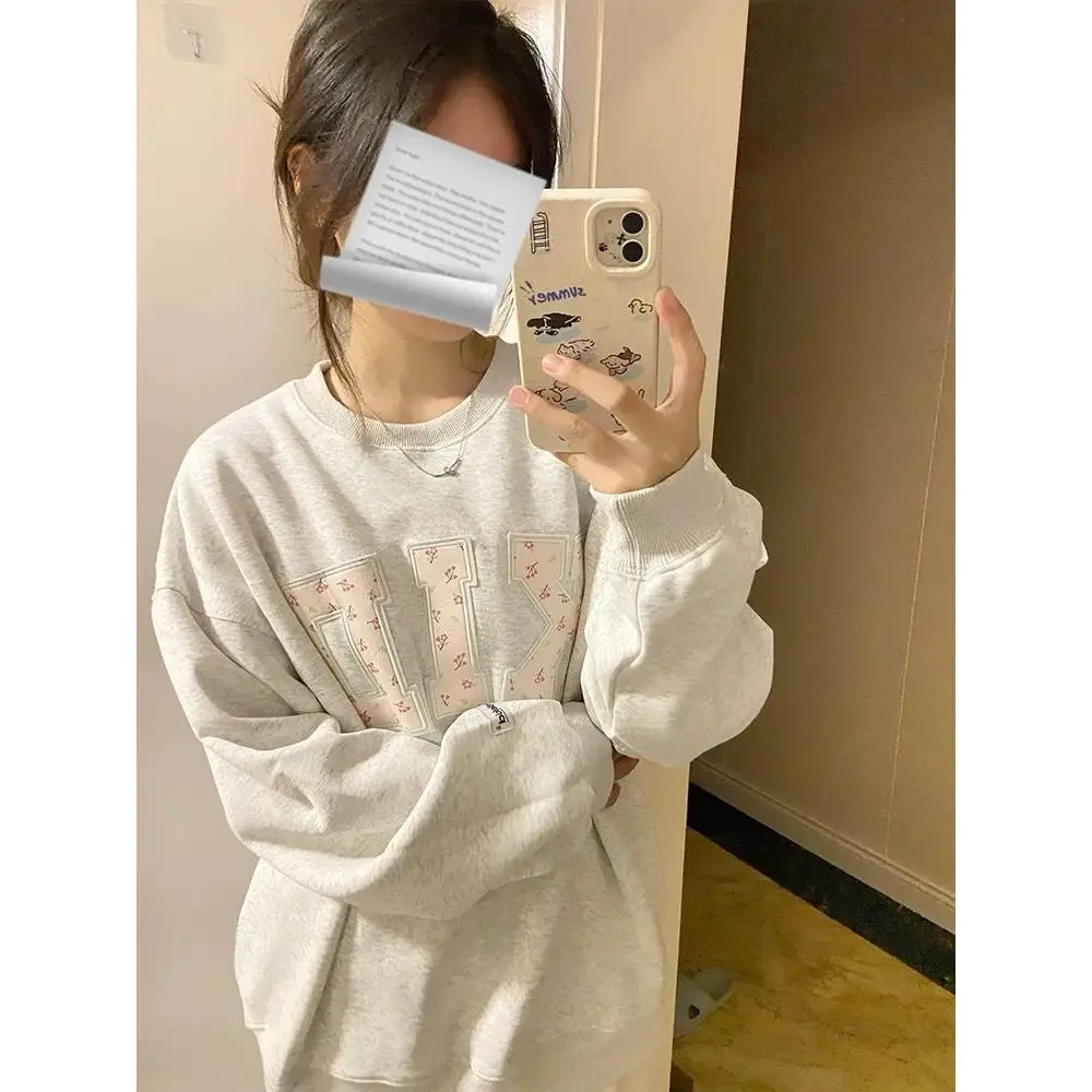 2024 Autumn and Winter New Arrival Easiest for Match Loose Paste Cloth Embroidery Capless round Neck Sweatshirt Women's Lazy ...