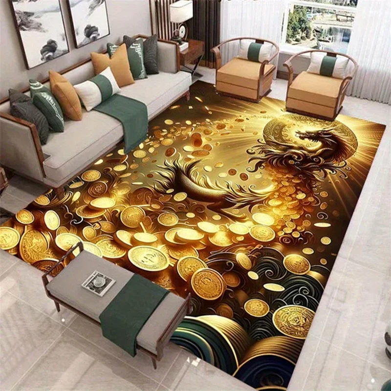 3D Gold Coin & Dragon Christmas Doormat - Non-Slip Wealth Symbol Rug for Office Chair Living Room Home Floor Festive Decor