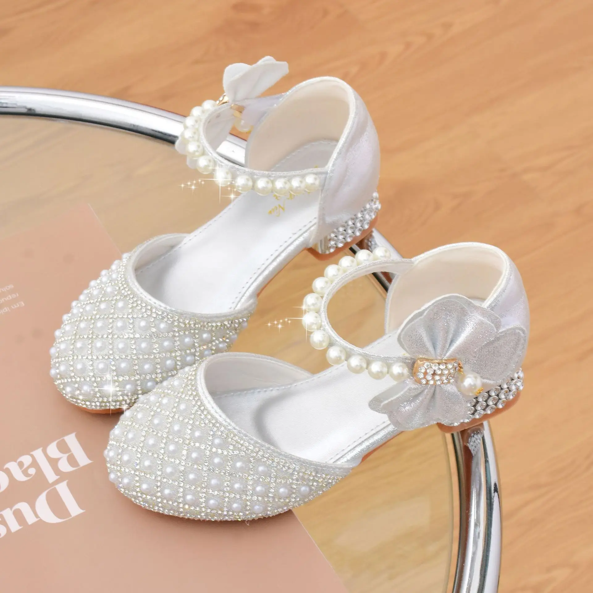 Zapatos de fiesta de princesa con diamantes de imitación para niñas, Sandalias de tacón alto con lazo de cristal brillante, zapatos de rendimiento