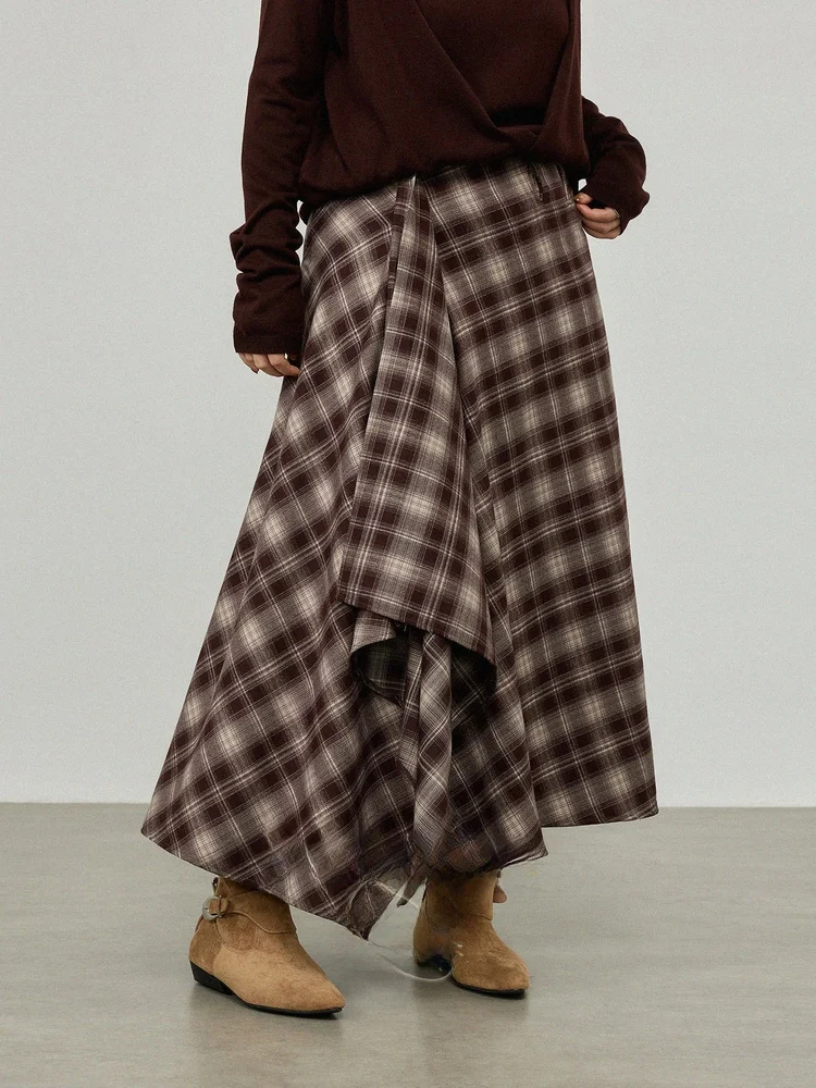 

Юбка А-силуэта больших размеров с высокой талией, в клетку, асимметричная, женская, модная, осенне-зимняя, повседневная, из полиэстера, вискозы и спандекса