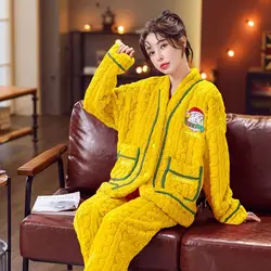 2023 Autumn/Winter New Christmas V-neck Flannel Pajamas Thickened Pajamas Women's Home Furnishing Set
