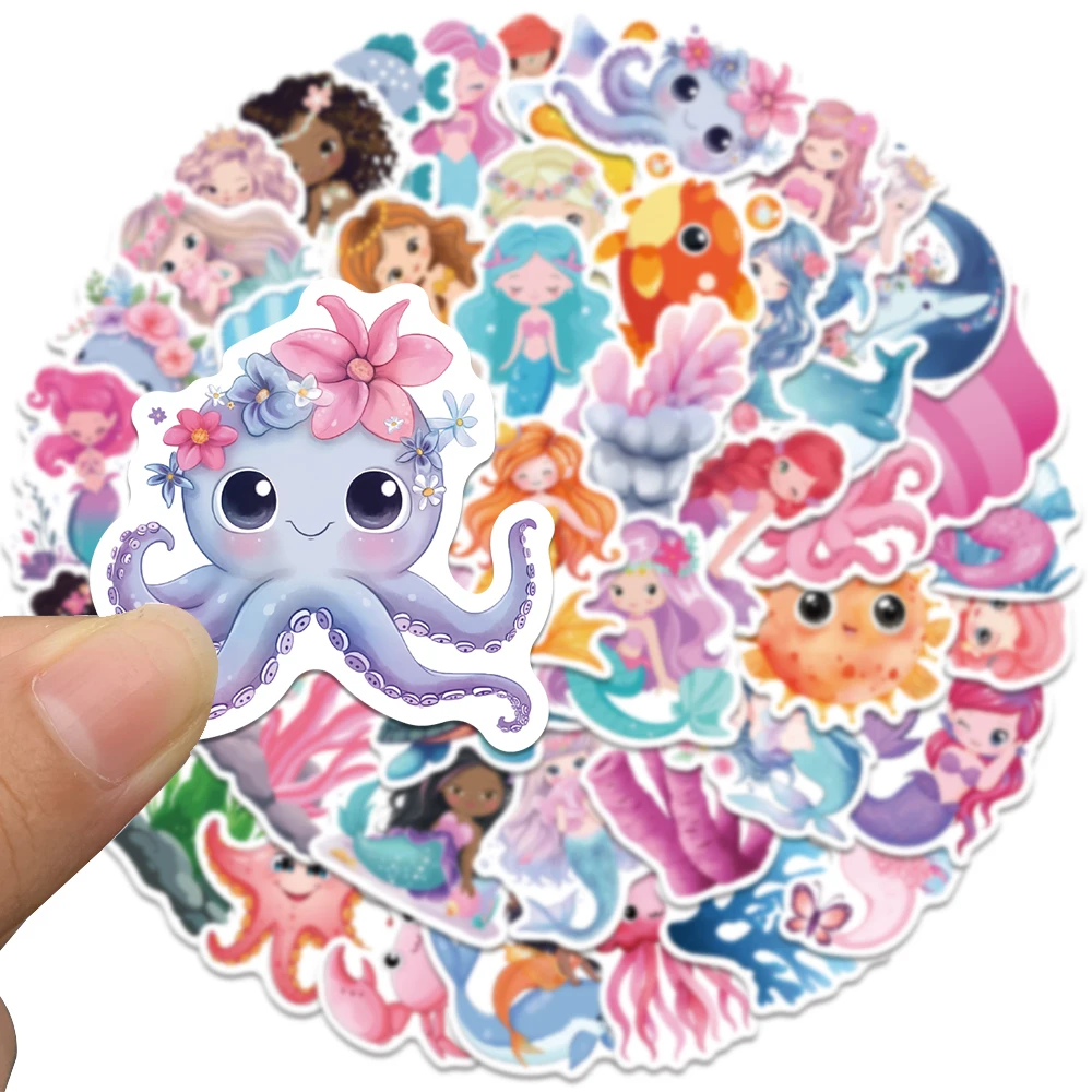 50Pcs Little Mermaid Theme Stickers Magical Sea Creatures Decorative Decals For Phone Case Laptop Notebook Wall Decor