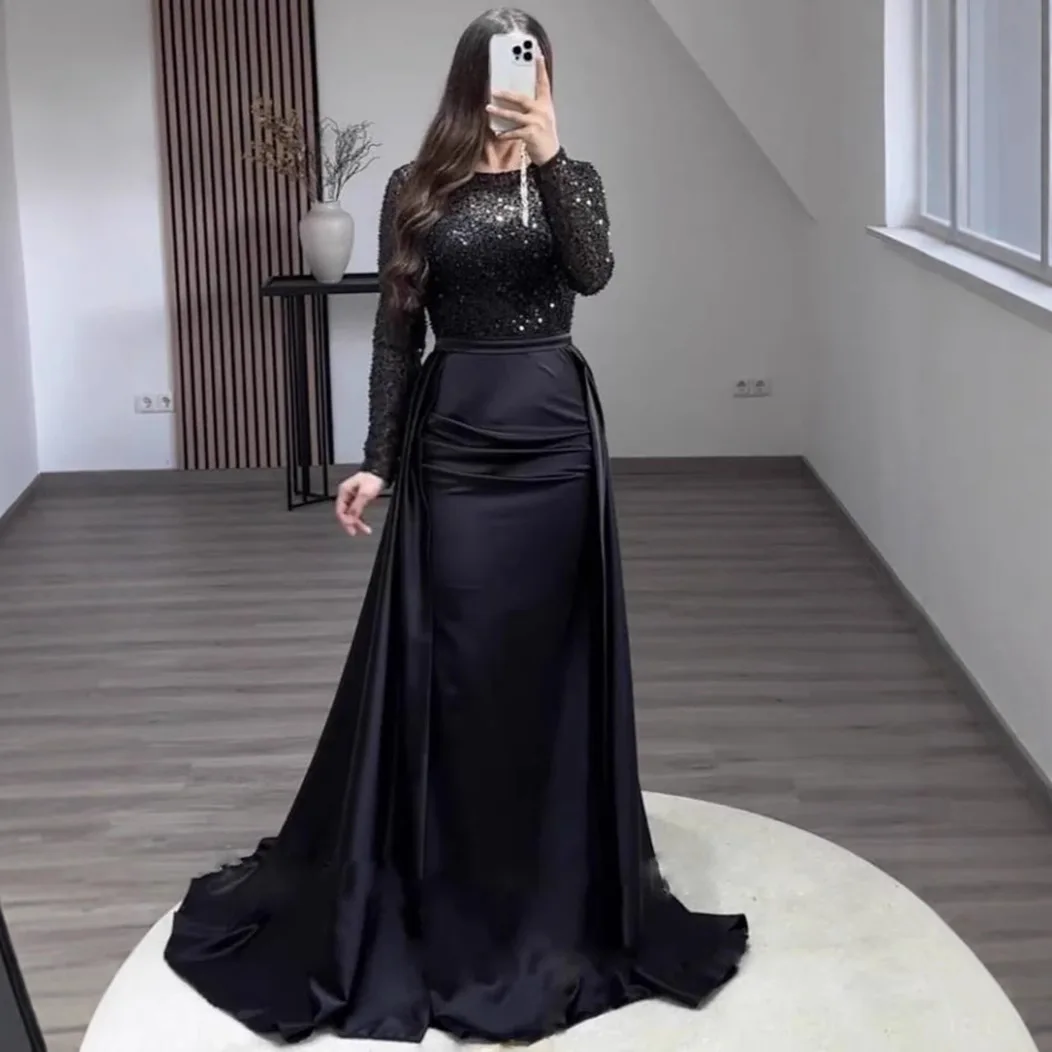 Elegant Satin Sequin Stitching Dress Luxury Glitter High Waist Gala Evening Dress Women Chic Long Sleeve Full Length Party Dress view 5