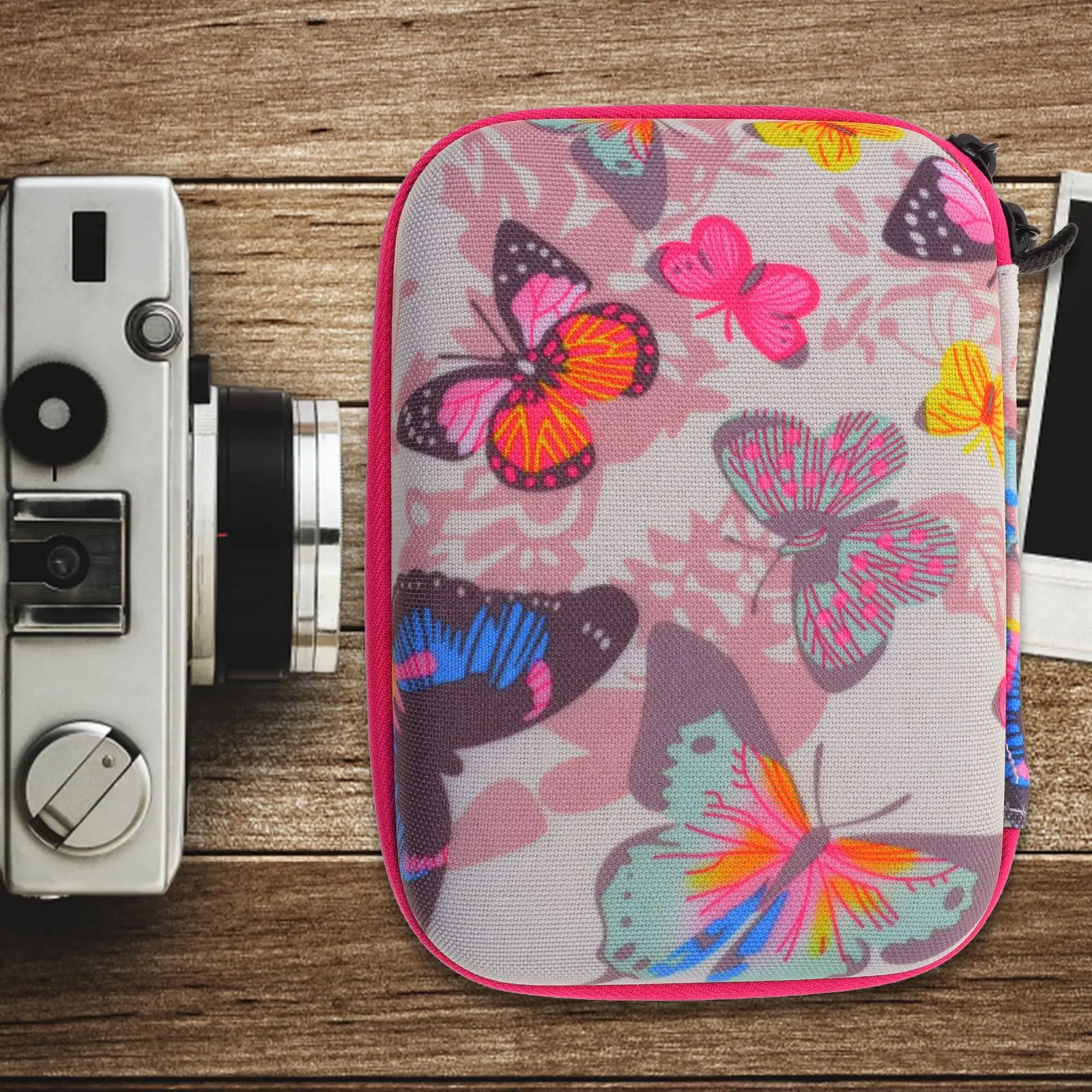 Kids Camera Case Camera Carrying Case Travel Camera Bag Holder with Closure White butterfly print 15 grid rose red zipper bag