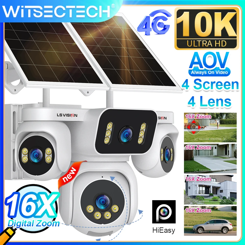 

20MP 24/7 Recording AOV 4G Solar Camera Four Screens Four Lens 16X Zoom Auto Tracking Human Motion Home Security Camera HiEasy
