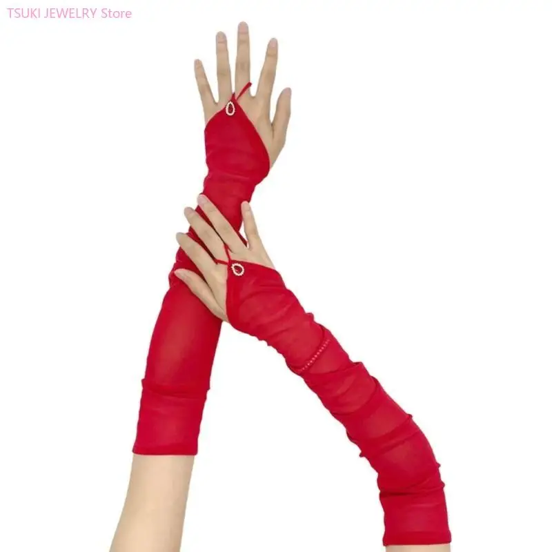 62KE Vintage 1920s Styles Sheer Gloves Arm Covers for Wedding Bride Cosplay Event