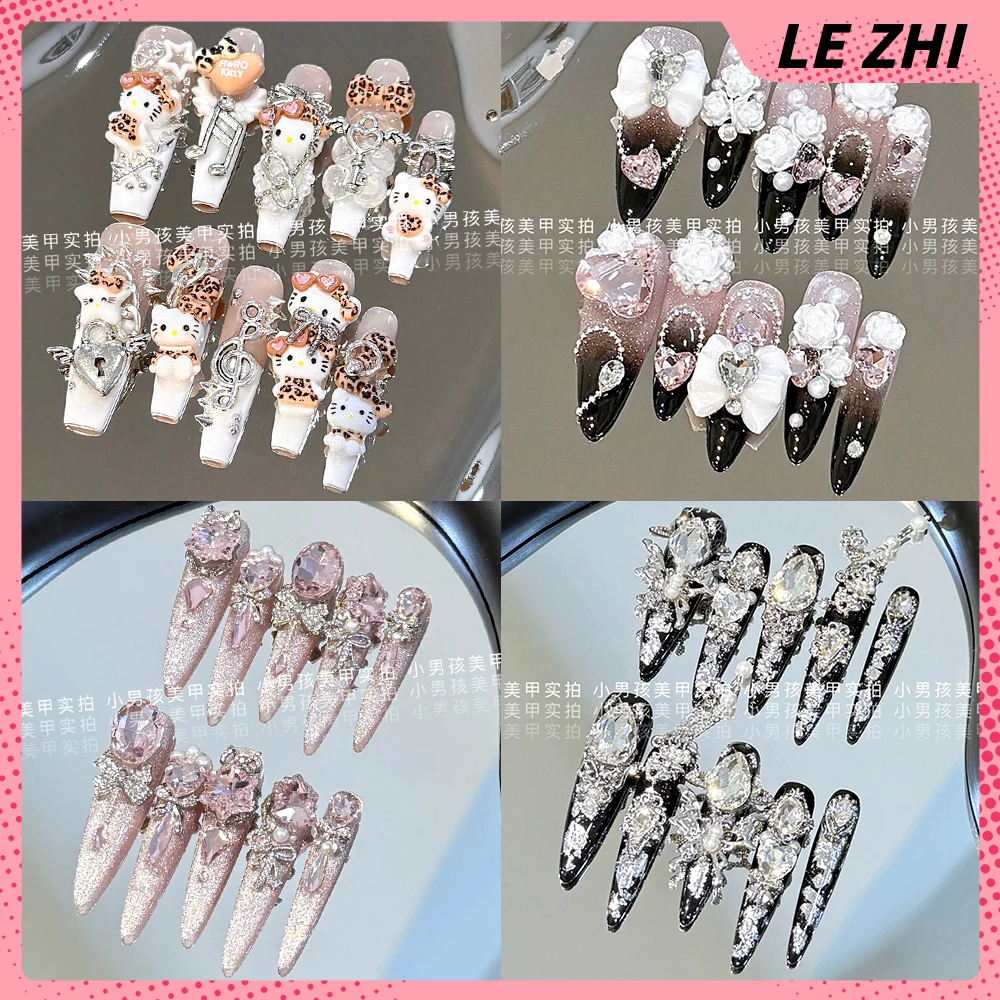 

Y2K Luxury Court Handmade Long Stiletto Full Cover Nails 3D Spice Girl Sparkling Diamond Bow Pearl Flowers Wearable Fake Nails