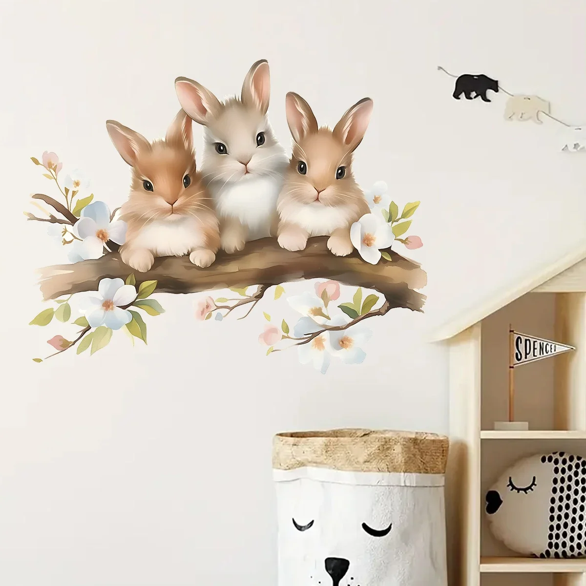 1Pc Watercolor Flower Cartoon Rabbit Wall Stickers for Kids Room Decor Baby Room Child Home Decoration Living Room Wall Decals