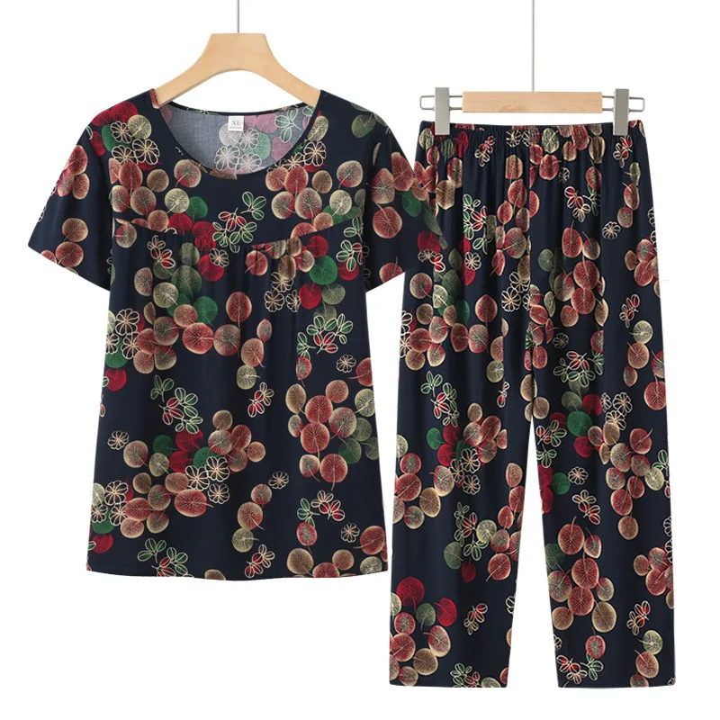 Pijamas Femininos New Cotton Rayon Sleepwear Women Printed Short Sleeve Cropped Pant Suit Thin Cool Home Summer Pajamas Set 4XL