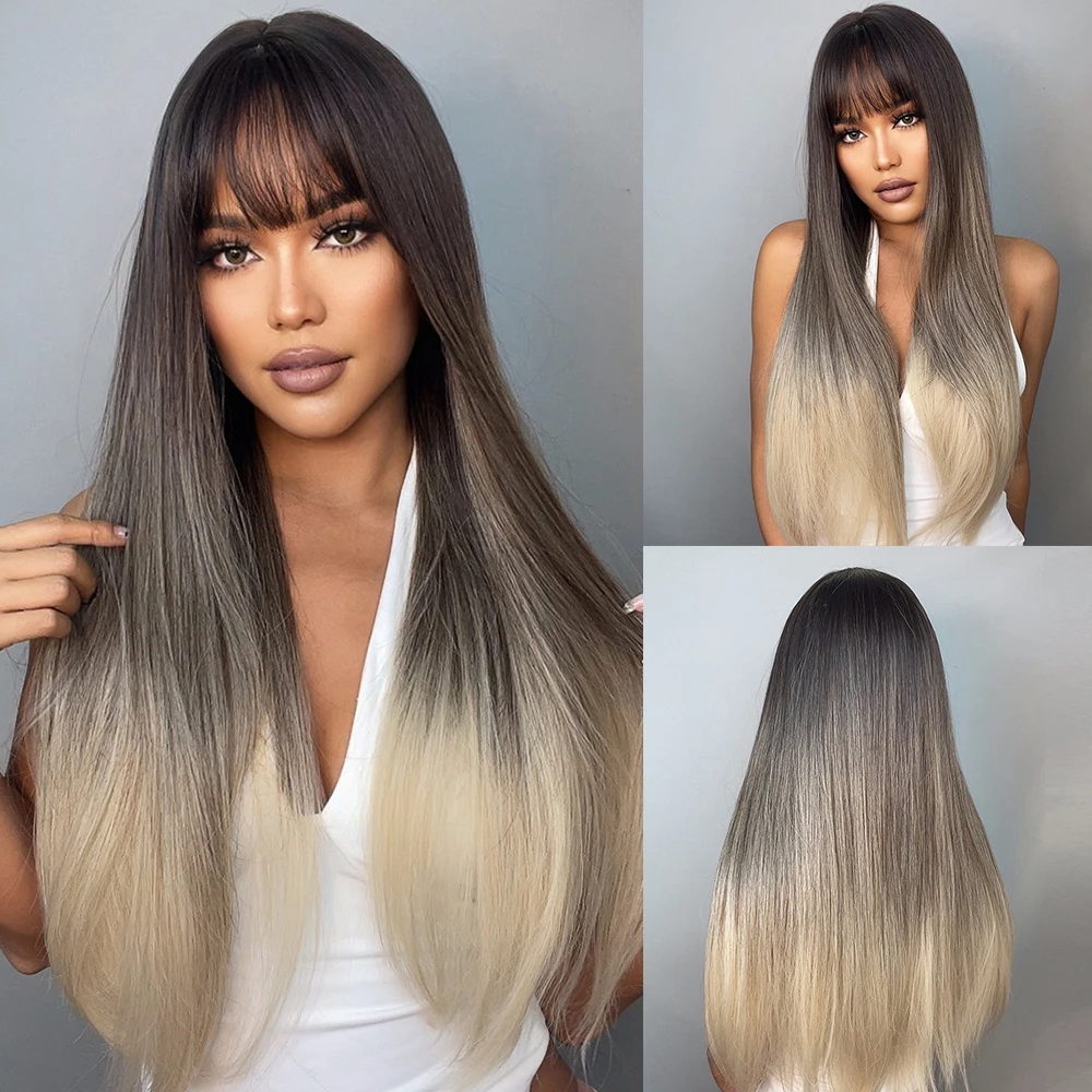 Easihair brown ombre perucas sintéticas com franja longa ondulado em camadas perucas de cabelo natural para as mulheres marrom peruca diária resistente ao calor