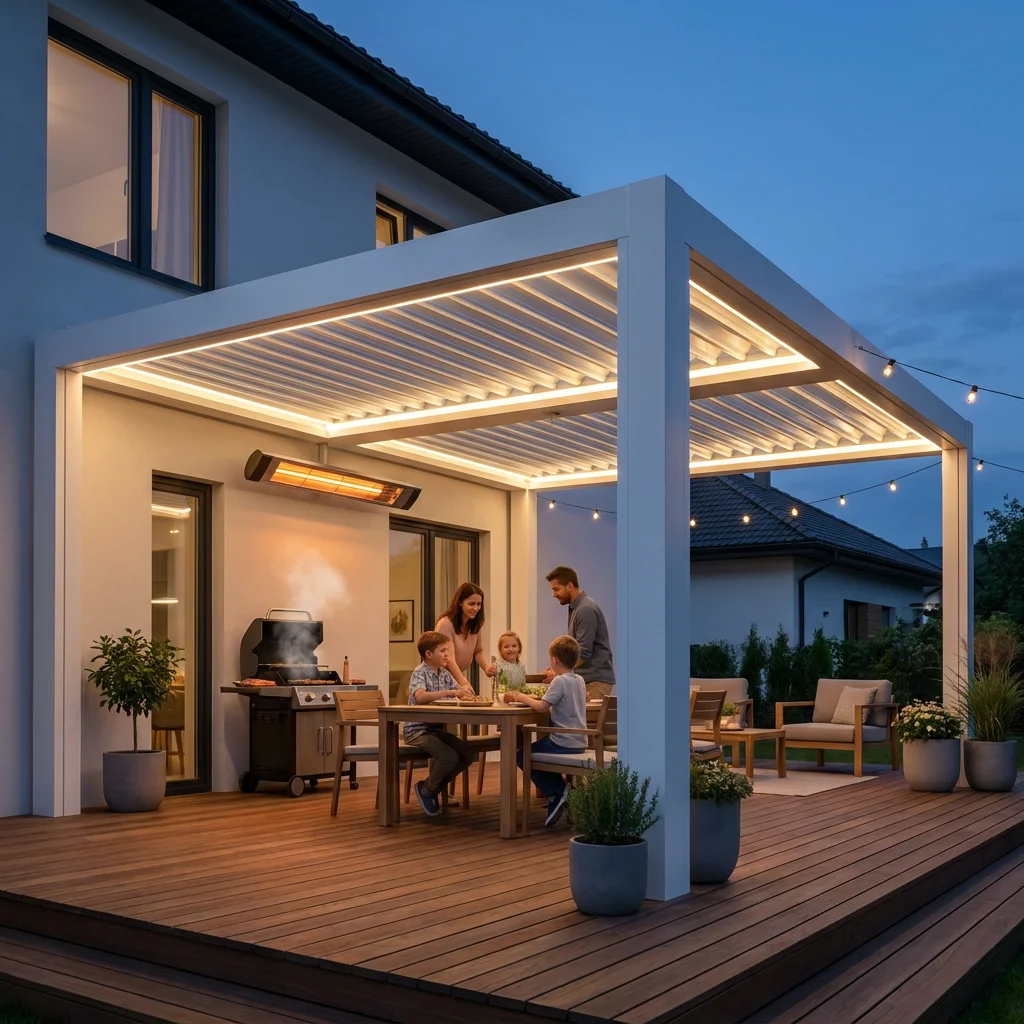 Smart Modern Pergola With Heater Lamp, Motorized Louvered Gazebo For Professional Patio Social Space Outdoor Aluminium Gazebo