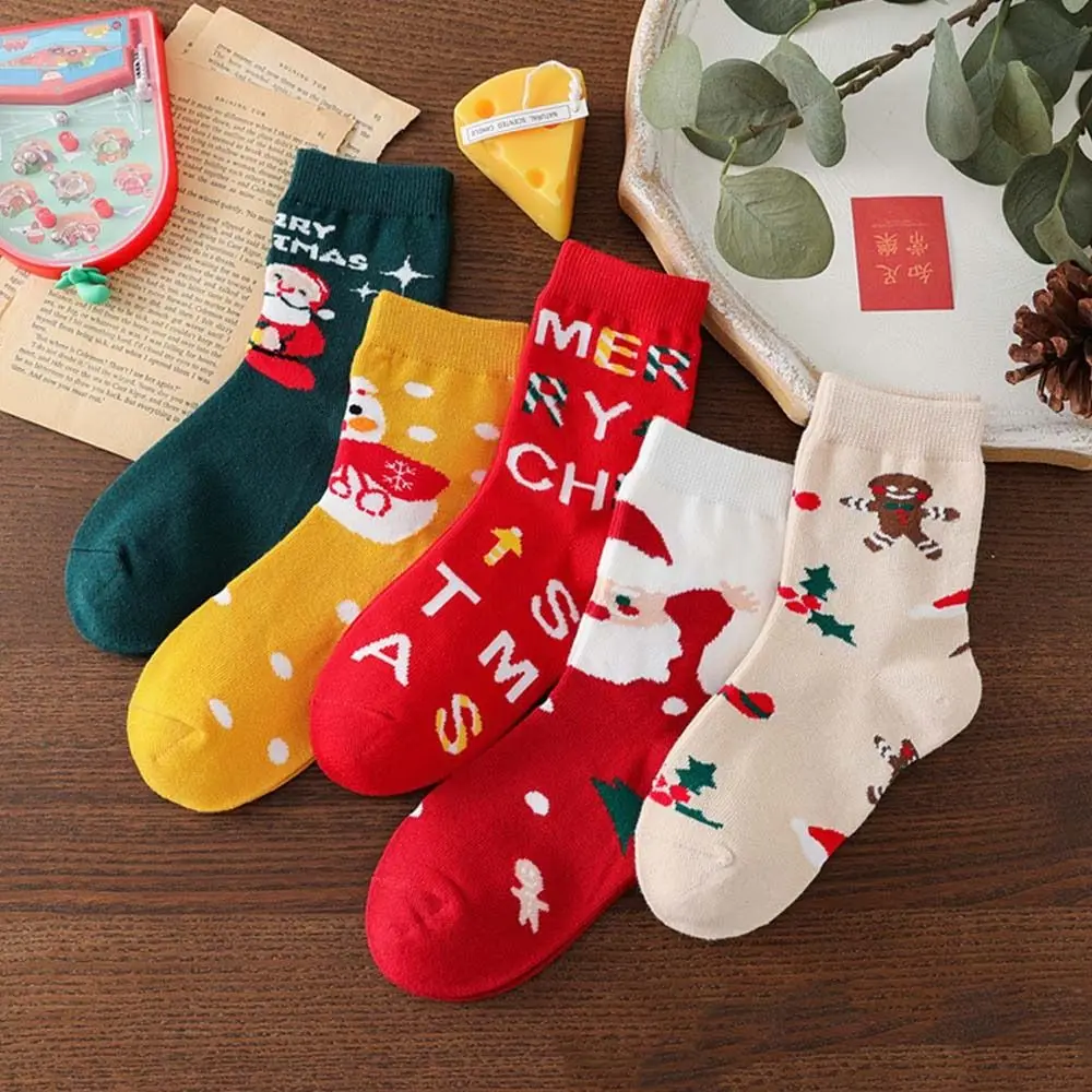 5 Pair Harajuku Cotton Children Christmas Socks Elk Snowman Cartoon Hosiery Cloth Accessories Korean Style Mid-Tube Socks Women