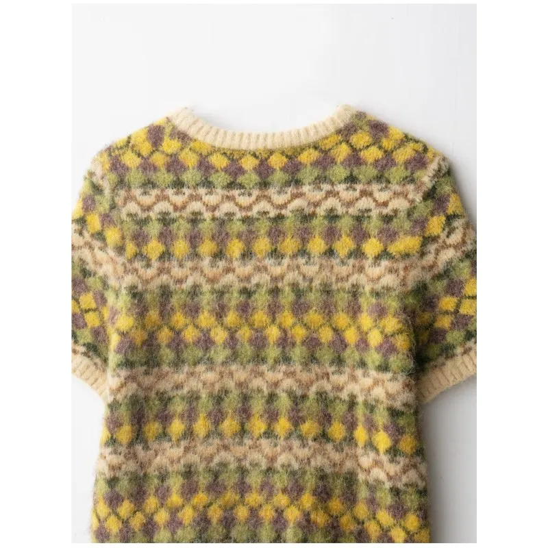 المرأة الجاكار محبوك تأثير سترة الخريف الجولة الرقبة قصيرة الأكمام مضلع متفوقا الإناث البلوفرات الموضة غير رسمية #6