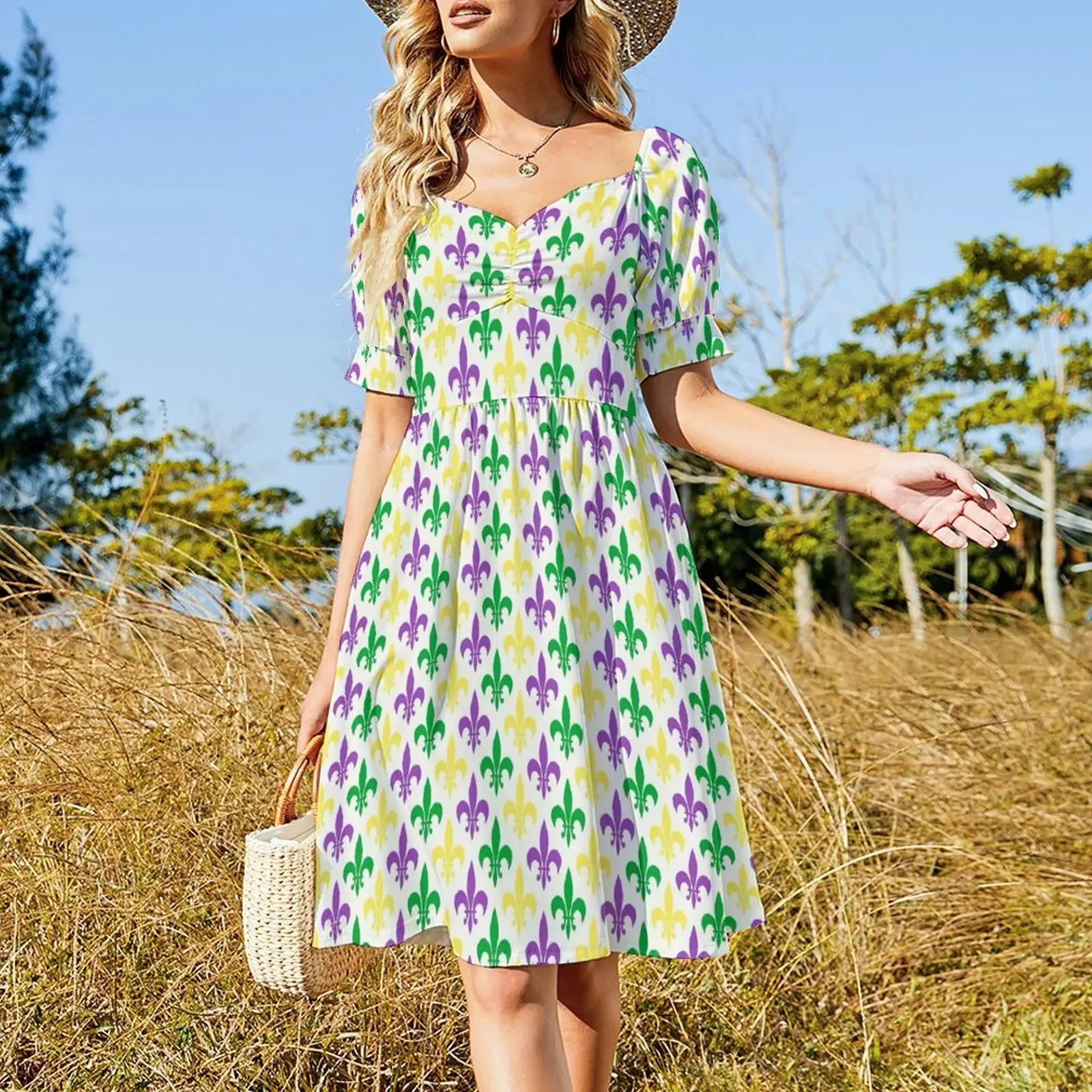 Mardi Gras Colorful Pattern Mardi Gras Decoration Short-Sleeved Dress luxury dress chic and elegant woman dress