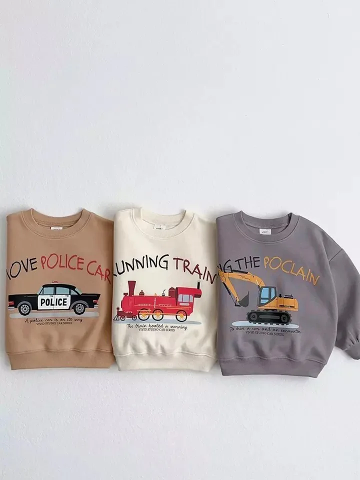 2024 Autumn New Children Long Sleeve Pullover Car Truck Excavator Print Sweatshirt For Boys Girls Tops Baby Casual Sweatshirt