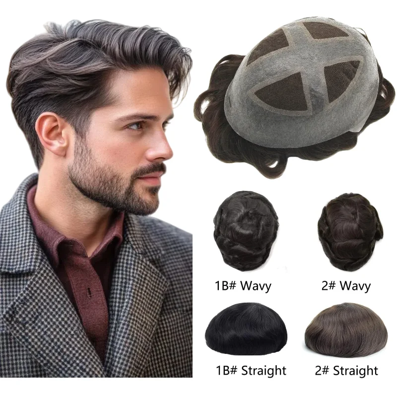 

Men's Hair Replacement System Cross Over PU | Lace+PU Toupee Human Hair Color #1B, Itch-Free & Comfortable