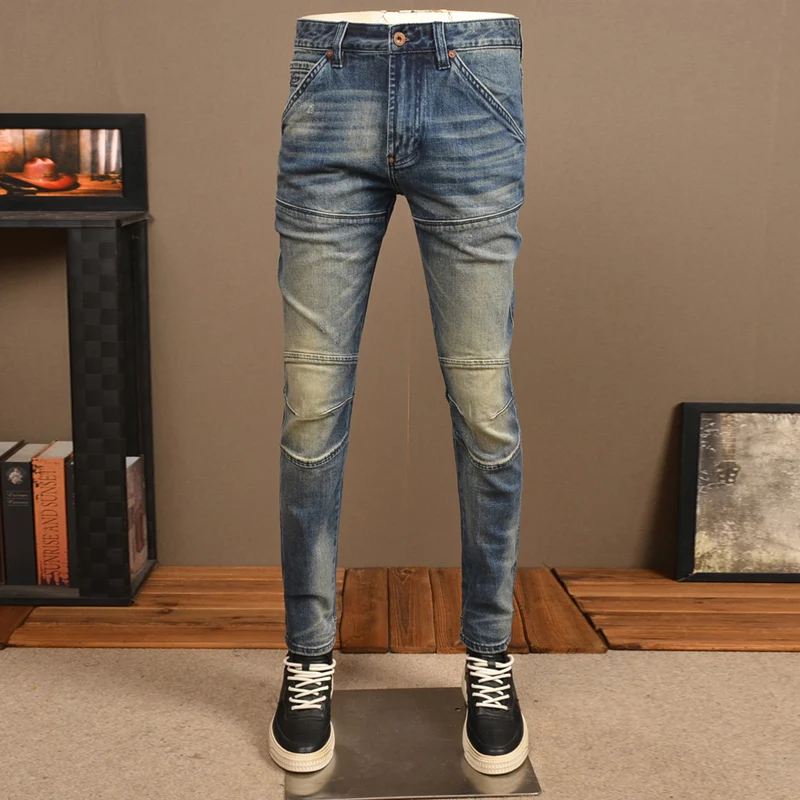 Fashion Designer Men Jeans High Quality Retro Washed Blue Spliced Designer Biker Jeans Men Street Hip Hop Denim Pants Hombre