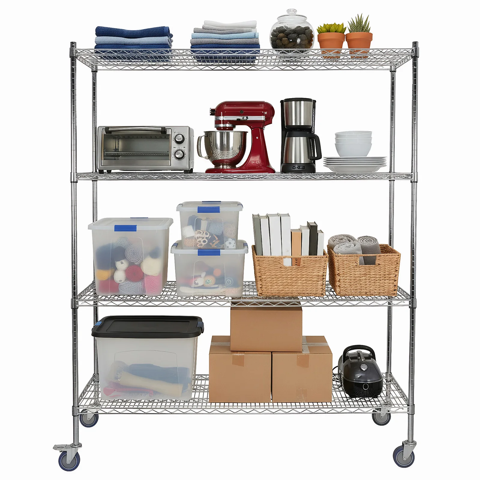 

5-уровневая металлическая полка NSF емкостью 7500 фунтов с колесами и вкладышем для полки Металлическая полка Проволочная стойка для кладовой, гаража, коммерческой промышленности