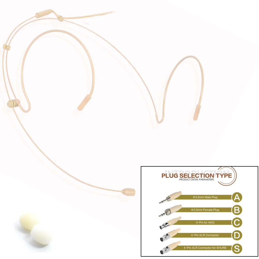 Adjustable Beige Double Earhook Headset Mic Headworn Microphone 3Pin For 4Pin XLR For Shure Wireless Microphone With Cover Parts
