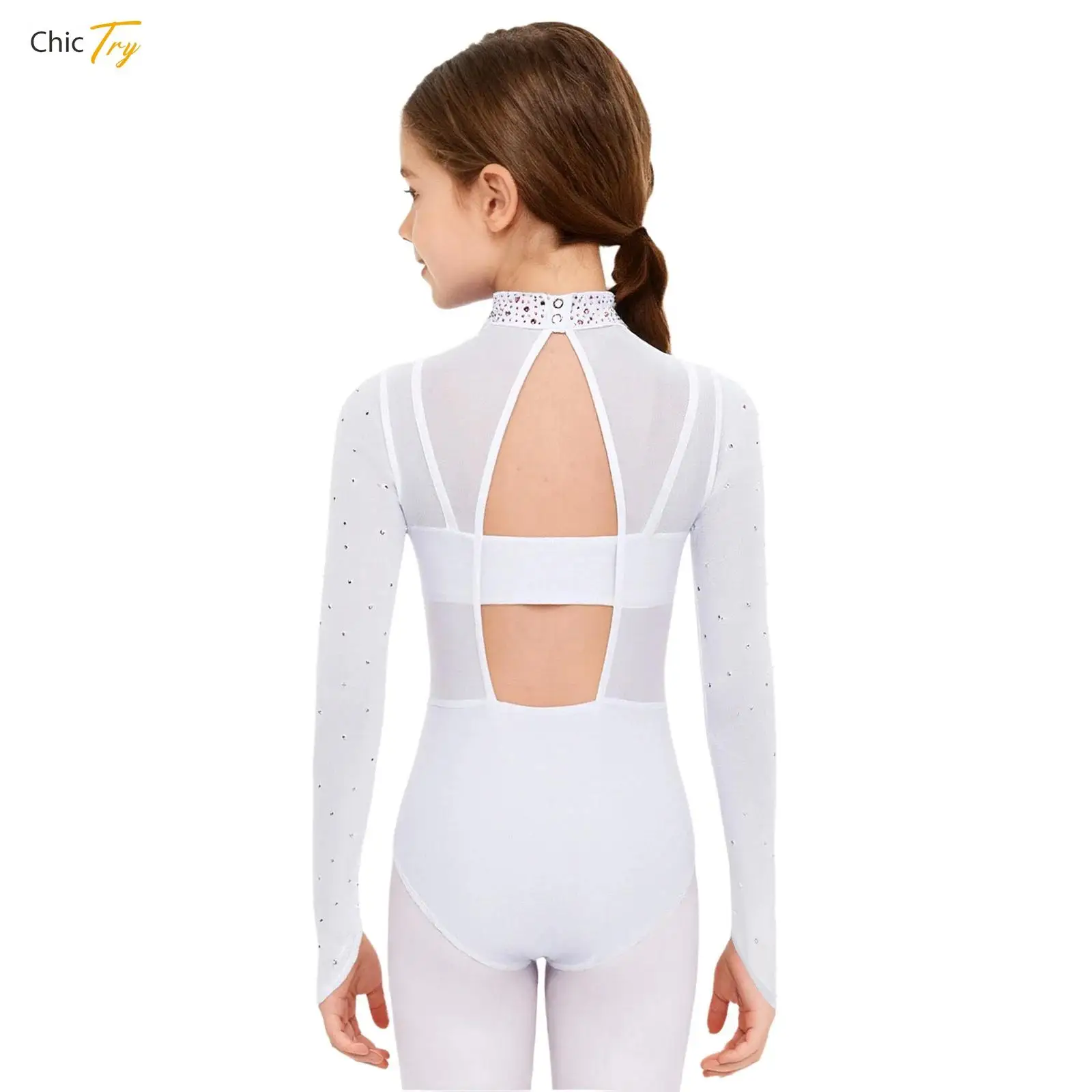 Niños Niñas gimnasia Ballet leotardo patinaje artístico mono manga larga diamantes de imitación malla transparente mono con camisola