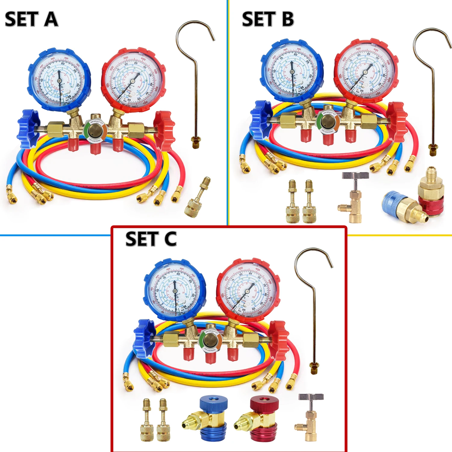 R134a Air Conditioning Pressure Gauge with Hose and Hook 3 Way AC Diagnostic Manifold Gauge Set Freon For R12 R32 R404A R134a