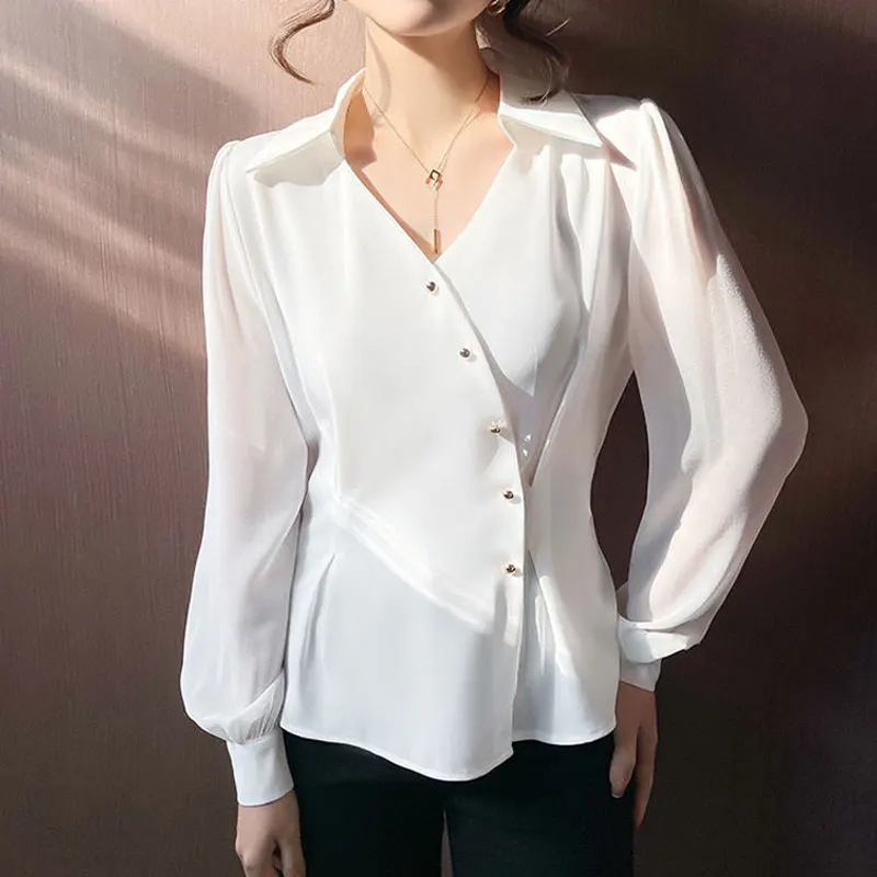 Imagem -03 - Blusa Irregular com Decote em v Estilo Francês Feminino Roupa Feminina Deslocamento Assimétrica de Peito Único Chique Camisa de Cintura Dobrada Primavera Outono