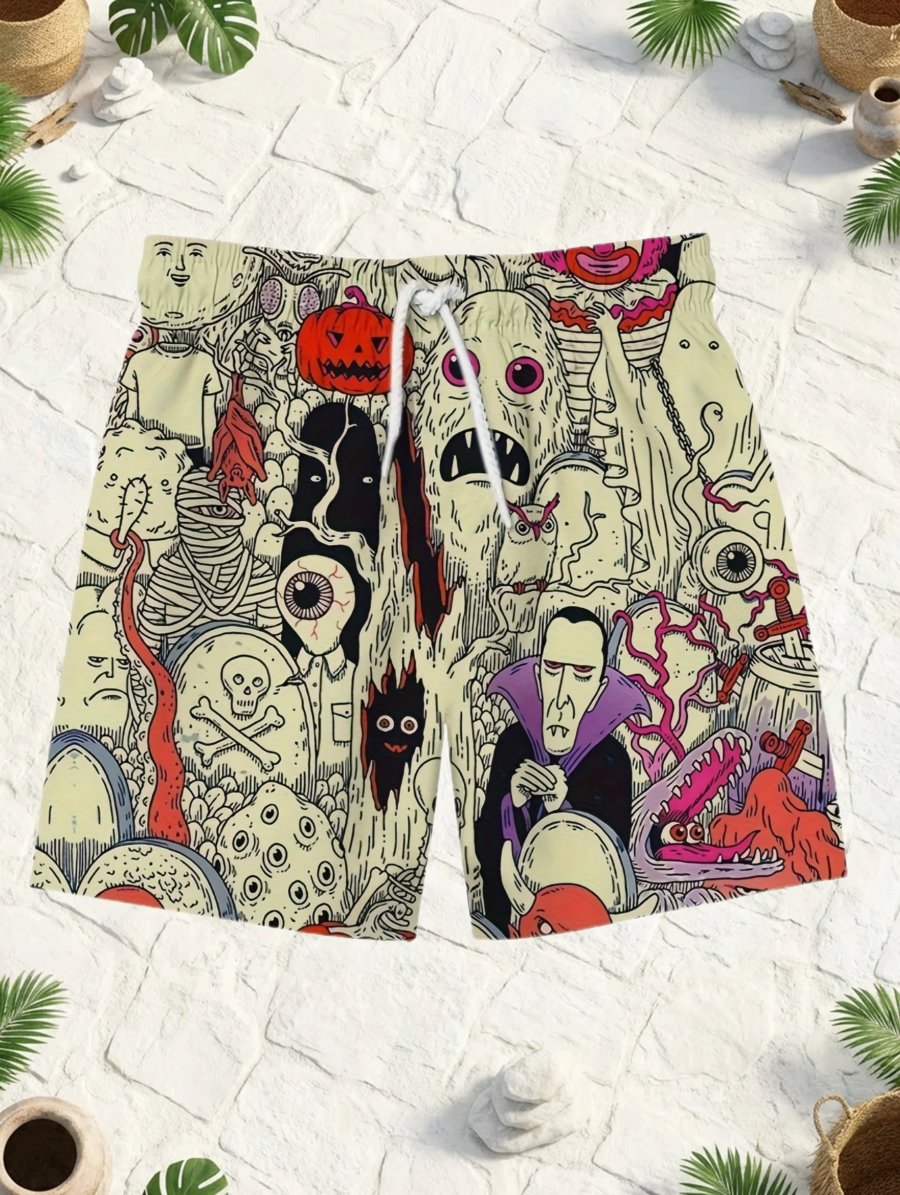 Trendy Casual Beach Swimming Trunks Ghost Monster Vampire Patterns Print Shorts Athletic Breathable Outdoor Training Shorts Moto