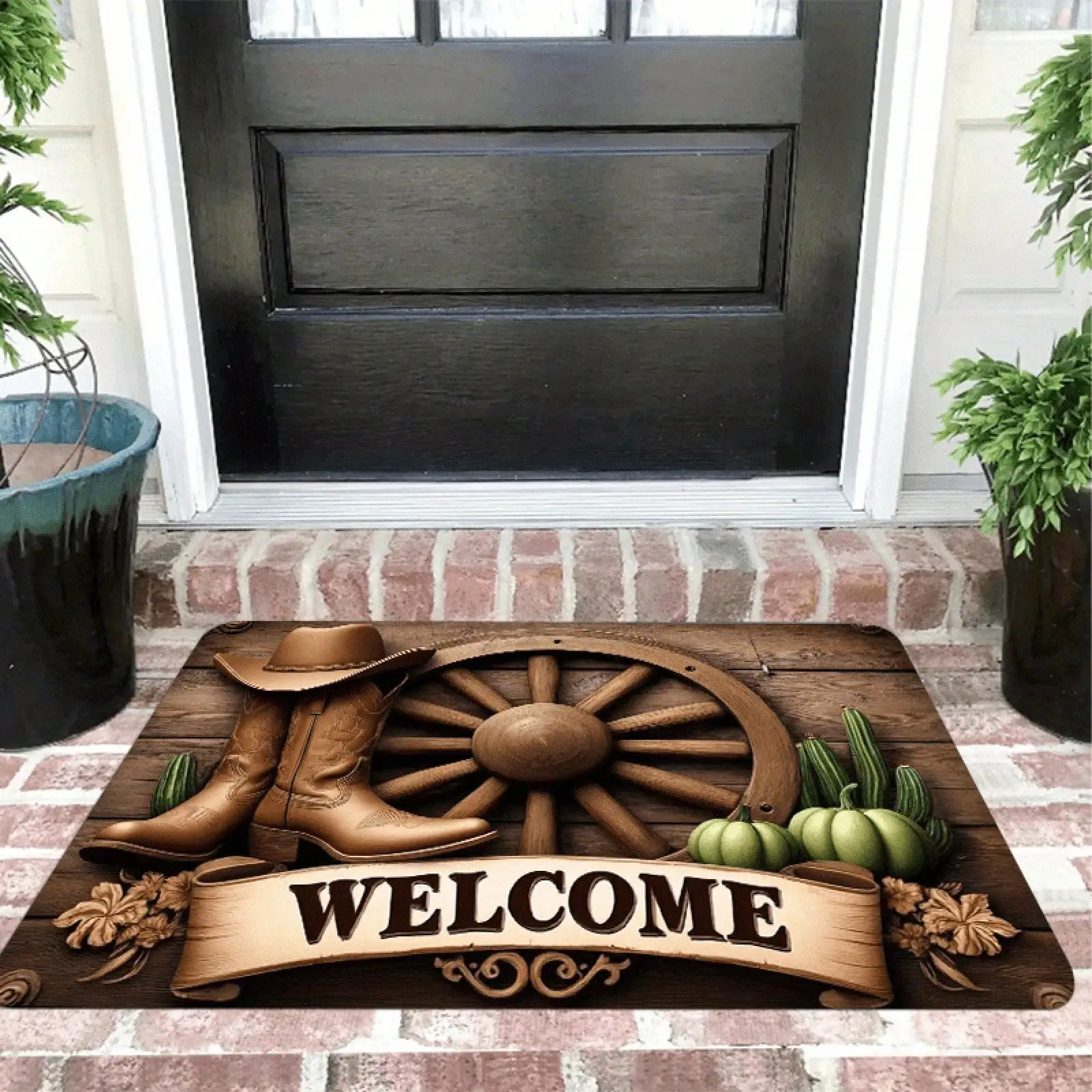 1pc Western Cowboy Welcome | Vintage Wheel And Cactus Totem, Thick Polyester Fiber, 0.4-Inch Sponge Thickness, Washable, American Country Porch And Farm Home