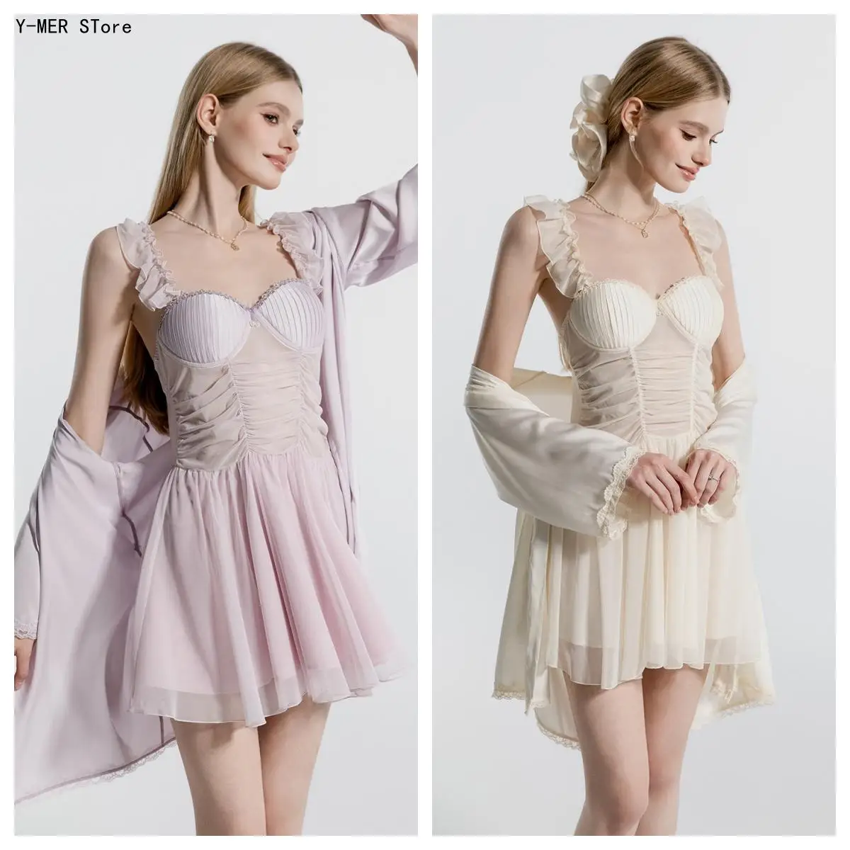 Sweet Flying Sleeve Nightgown Set with Built-In Bra, Ruffle Mesh Slip Dress & Robe 2 Pieces Women Sleepwear Homewear