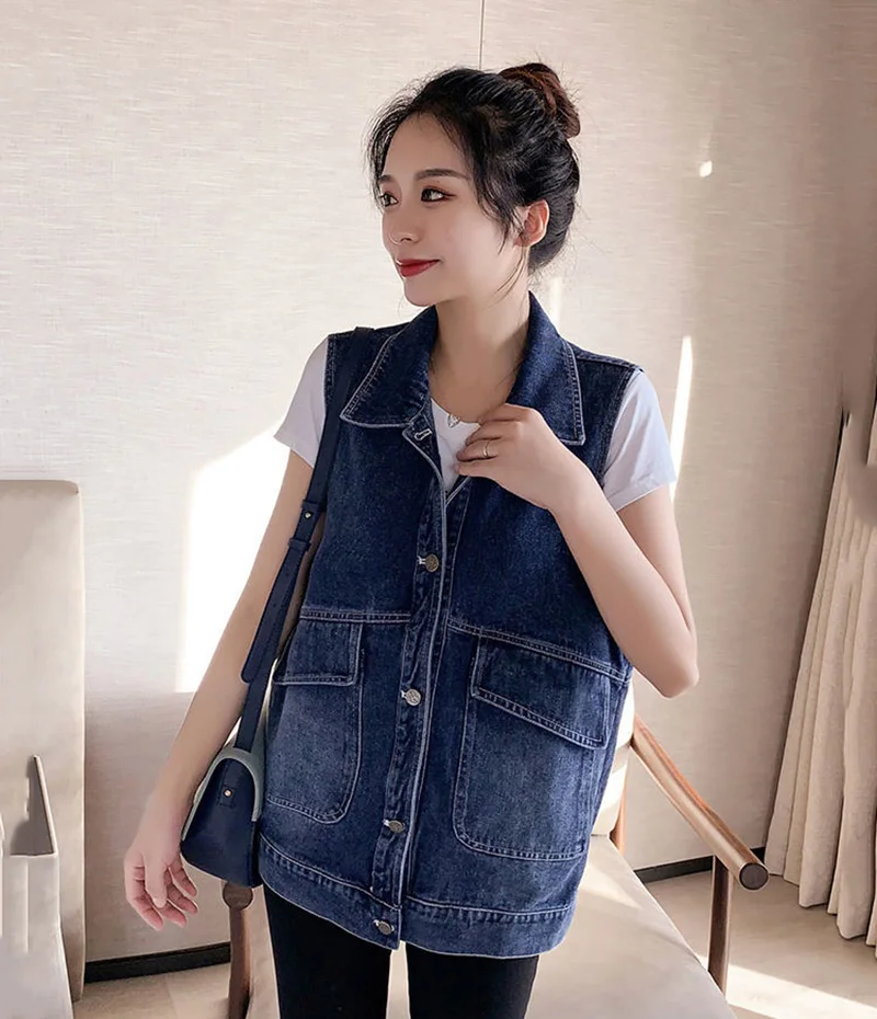 New Casual Loose Denim Vest Women Streetwear Blue Boyfriend Sleeveless Jackets 2024 Spring Summer Lapel Jean Chalecos Mujer