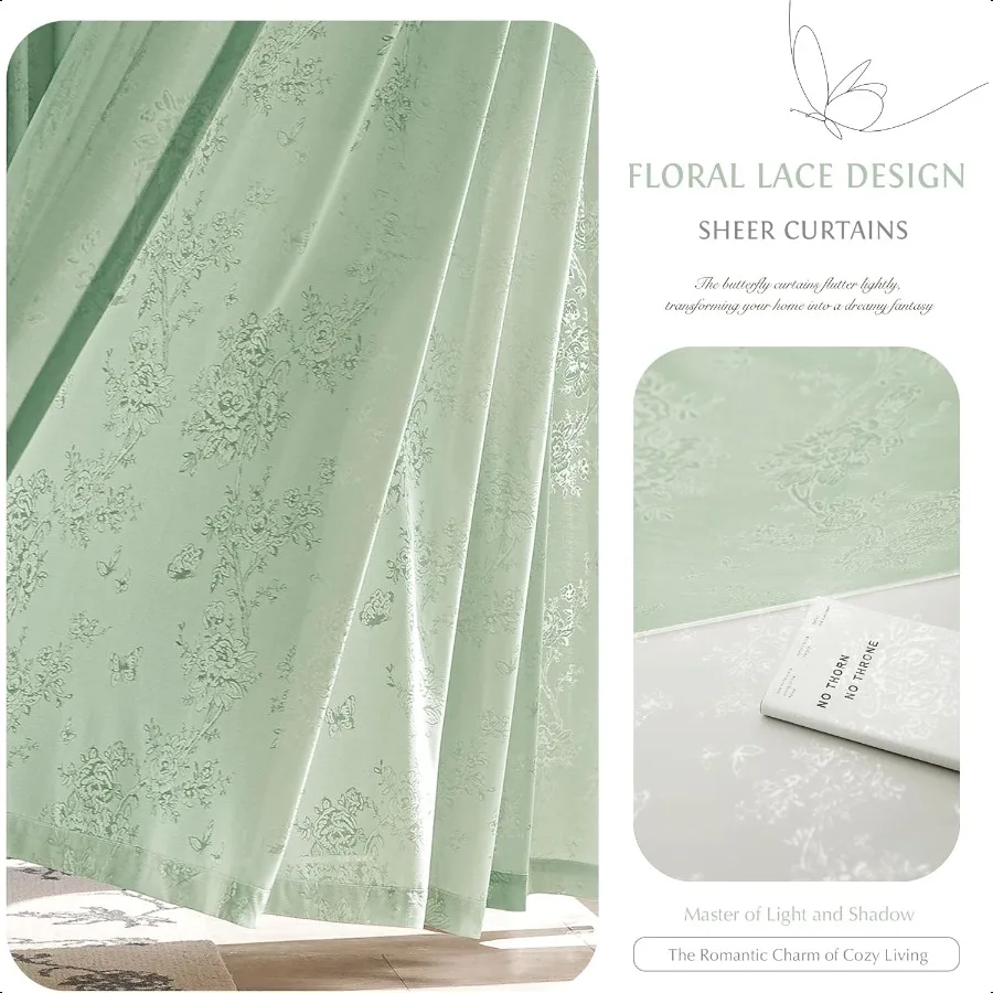 Green Floral Jacquard Sheer Curtains 84 Inches Long 2 Panels for Living Room Bedroom Semi Lace Flower Privacy Light Filtering N