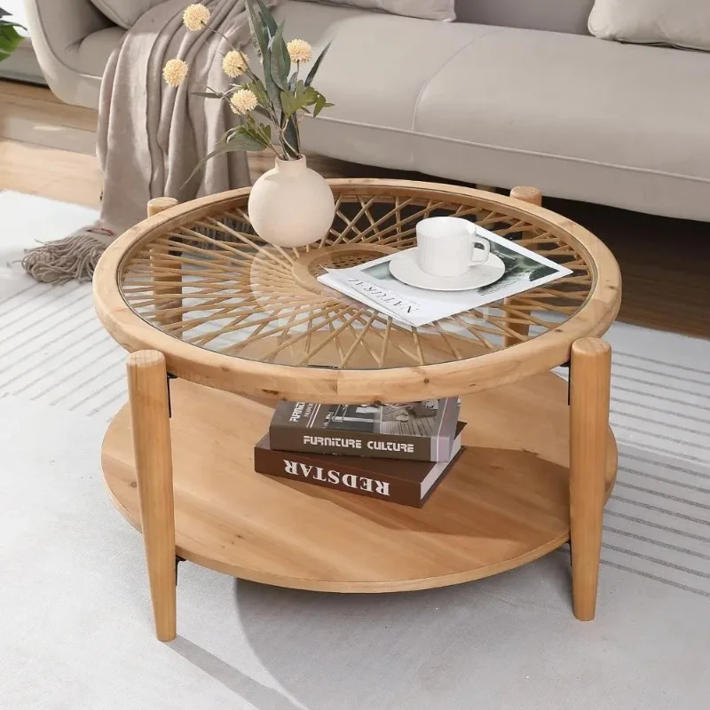 Rattan Coffee Tables,2-Tier Round Boho Cocktail Tables, Mid Century Modern Coffee Table with Rattan & Tempered Glass Top